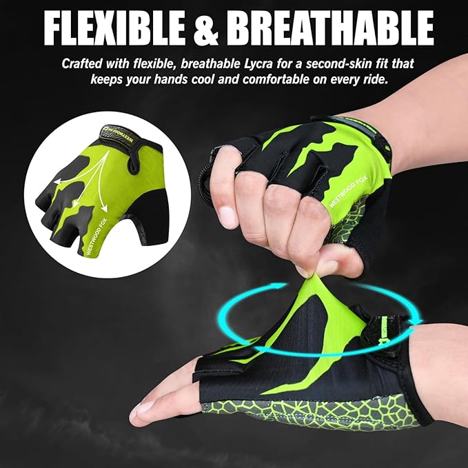WESTWOOD FOX Cycling Gloves Half Finger Unisex Padded Grips Palm Bicycle Summer MTB Bike Gloves for Men Women Non-Slip Fingerless Short Mountain Bike Sports Hiking Climbing Gym
