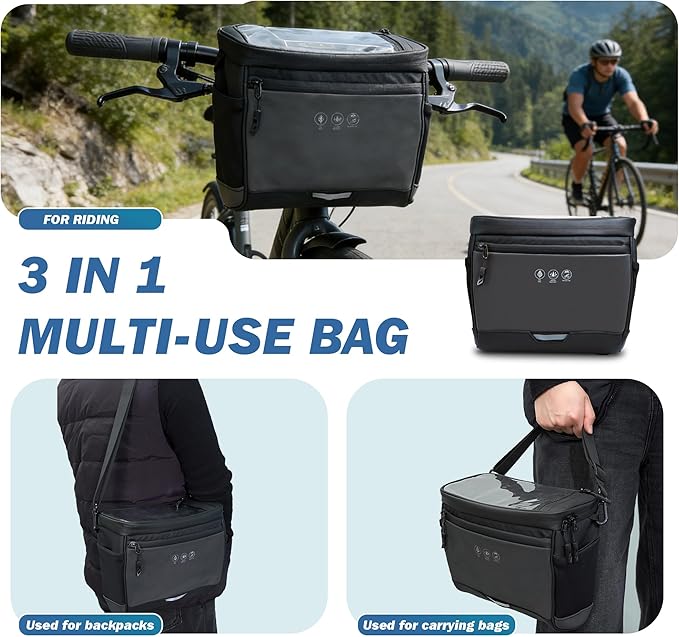 Bike Handlebar Bag with Rain Cover, Bicycle Front Phone Bag with Touch Screen, Adjustable Shoulder Waterproof Dual Zippers Insulated Basket Bag for Mountain Road Bike, Cycling Accessories