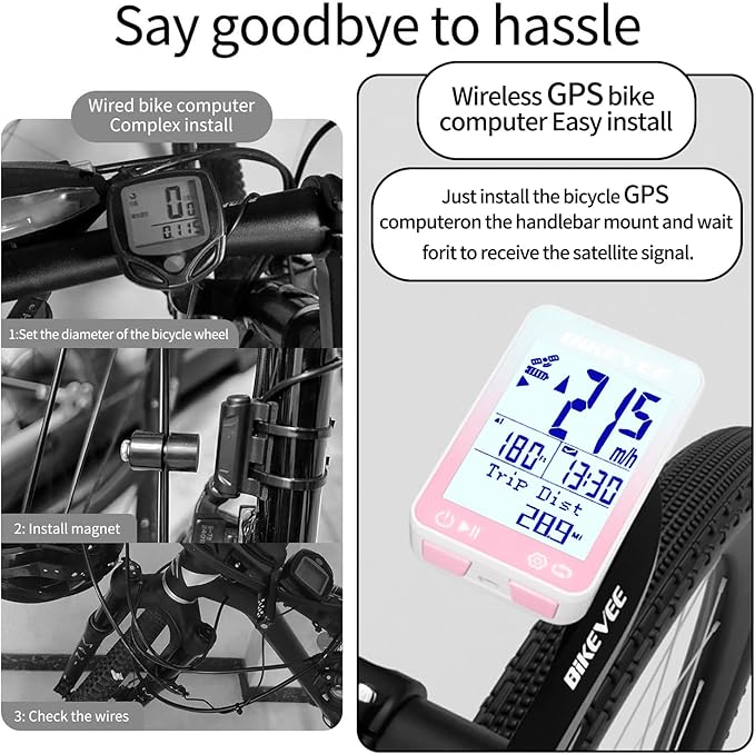 GPS Bike Computer Wireless Bicycle Speedometer Odometer 9 Languages Auto Backlight Auto Start Stop IPX7 Waterproof 2.4 Inch LCD Supports MPH KMH