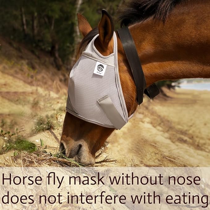 Raelitego Horse Fly Mask, Adjustable Fly Masks for Horses Without Ears, UV Protection from Insect Pests Comfort Mesh Without Nose Average Size Horses Accessories (XL)
