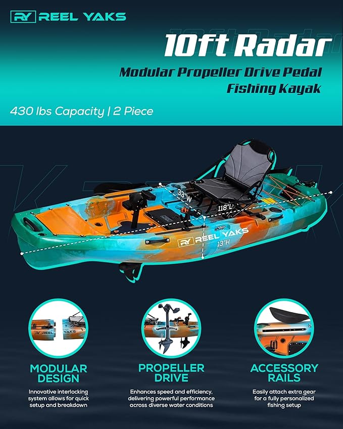 Reel Yaks Radar Modular Fishing Kayak - 10ft, 400 lbs Capacity, Sunrise - Pedal Fishing Kayaks for Adults & Youth, Sit on Top, Compact Storage, Lightweight, Easy Transport