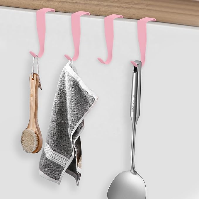 5 Pcs Over Cabinet Door Hooks Sturdy Single Metal Over Door Hanger Electroplate Metal Hook Cabinet Storage Hook for Hanging Towels Clothes Bags Cubicle Bathroom Use(Pink)