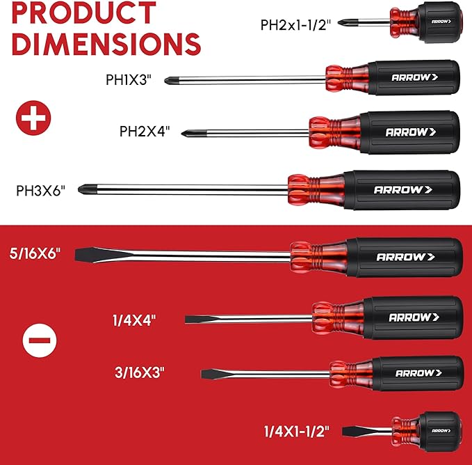 ARROW 8 PCS Magnetic Screwdriver Set, Professional S2 Steel Screw Driver Kit with Non-Slip Grip, Stubby Screwdrivers, Magnetic Phillips and Flathead Tips, for Home and Industrial Use