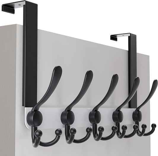 SKOLOO Over The Door Hook - for Doors up to 1-3/4'' Thickness, Metal Door Hanger with 5 Triple Hooks, Black on White Over The Door Hanger for Coats, Hats, Towels, Assembly Required