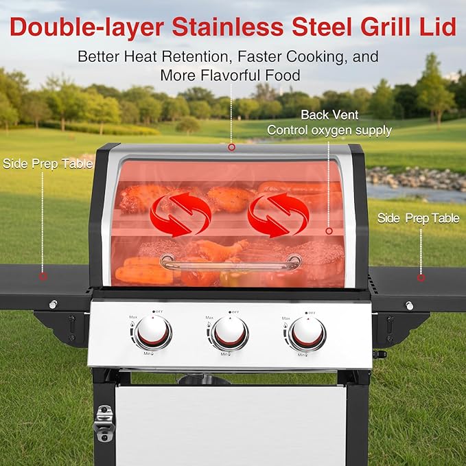 3-Burner Propane Gas Grill, 30,000 BTU Outdoor BBQ Grill with Double-Layer Stainless Lid & Cast Iron Grates, Easy-Clean System for Even Heat, Foldable Side Shelves