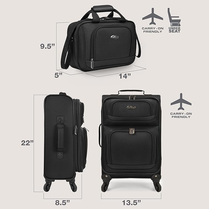 U.S. Traveler リオ 軽量ソフトサイド ローリングキャリーオンスーツケース、4輪セット、ブラック