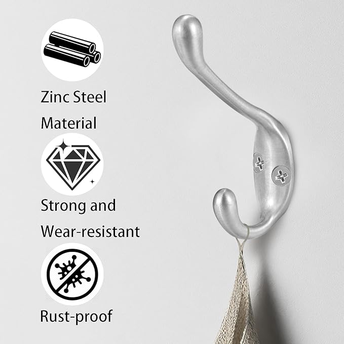 Coat Hooks 5 Pack-Heavy Duty Wall Mounted Brushed Nickel Door Hooks Double Prong Hooks for Hanging Clothes/Towels/Key-Suitable for Bedroom/Bathroom/Entryway