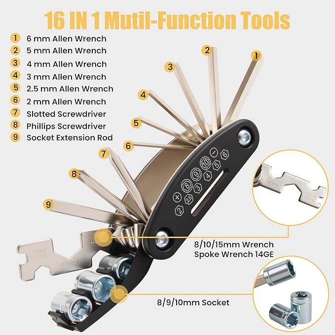 33Pcs Bike Repair Tool Kit with Mini Bicycle Pump, 16 in 1 Multi-Tool, 2mm-6mm Allen Wrenches, Bicycle Repair Bag Used for Mountain and Road Bikes