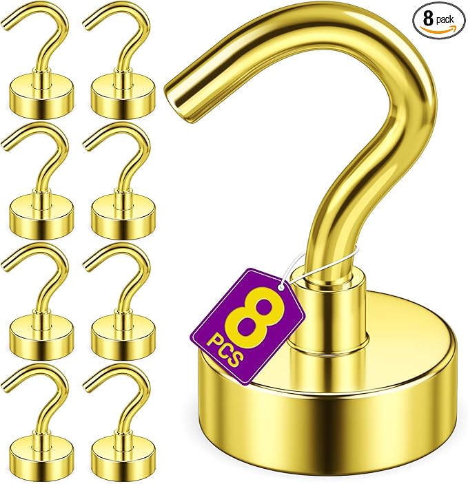 Magnetic Hooks, Heavy Duty Magnets with Hook, 30lbs Magnetic Hooks for Hanging Mugs, Magnetic Cruise Hooks for Cabins, Lock Accessories, Home, Classroom (Gold, Pack of 8)