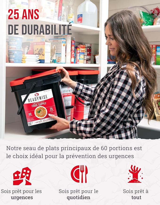 ReadyWise エントレバケツ - 60食分、サバイバルキット用非常食、タンパク質食、フリーズドライ食品、調理不要のキャンプ&ロードトリップ必需品、最大25年間保存可能