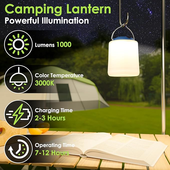 LEDキャンプランタン 充電式キャンプライト 4モード 屋外懐中電灯ランタン 1000ルーメン 防水ポータブル緊急キャンプライト 災害用 ハイキング サバイバルキット用 - ブルー