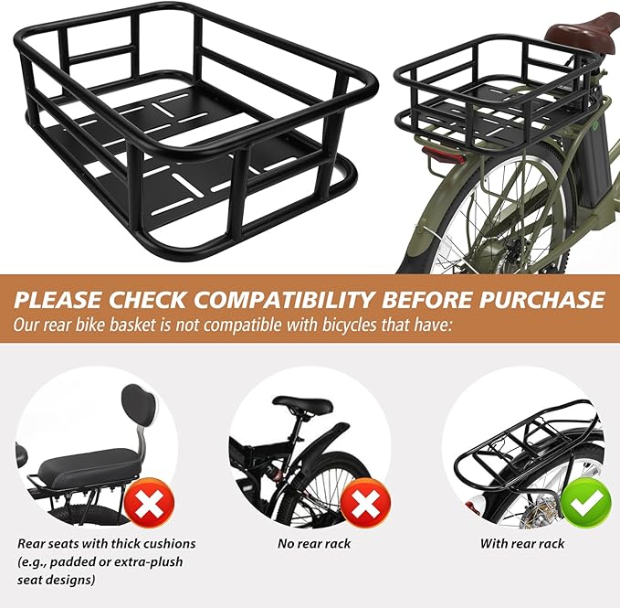 Bike Basket Rear, Bicycle Basket with Liner,Waterproof Cover,Cargo Net, Large Bike Back Baskets, Heavy Duty Rear Bicycle Baskets for Most Bikes and E-Bike