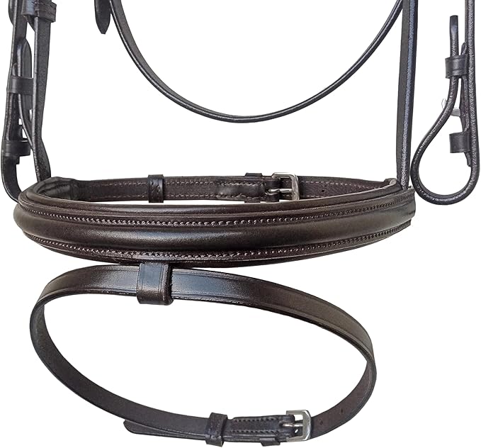Equine Care Leather English Horse Bridle with Reins, Full Size, Choice of Browband Style, Padded Crown & Cavesson Noseband, Stainless Steel Hardware, Hunter Show Bridle.