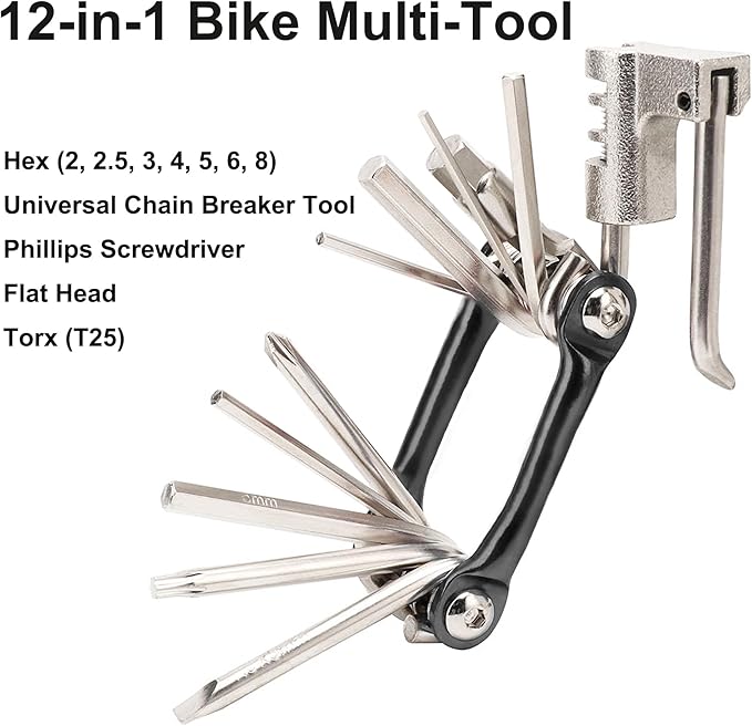 Carbon Steel Multi-Tool for Road and Mountain Bikes - Chain Tool, Chain Breaker, Bike Multitool, Tire Repair Kit with 12 Precision Tools