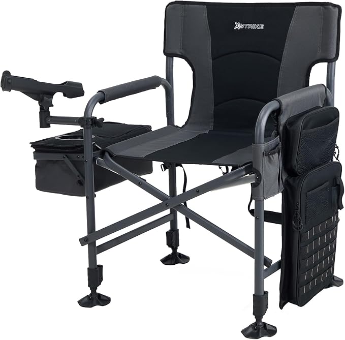 X Strike Fishing Chairs with Rod Holder, Folding Ice Fishing Chair for Adults Outdoor Camping Chair Leg Adjustable with Cooler Bag and Storage Bag for Camp, Lawn, Patio, Garden (Black)