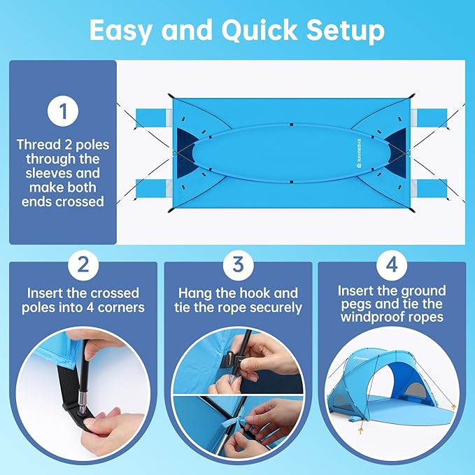 Beach Tent Sun Shelter, Sun Shelter for 1-4 Person, Beach Shade Tent, Beaches Shade with 2 Zippered Doors, Portable Tents for Camping Fishing, Blue