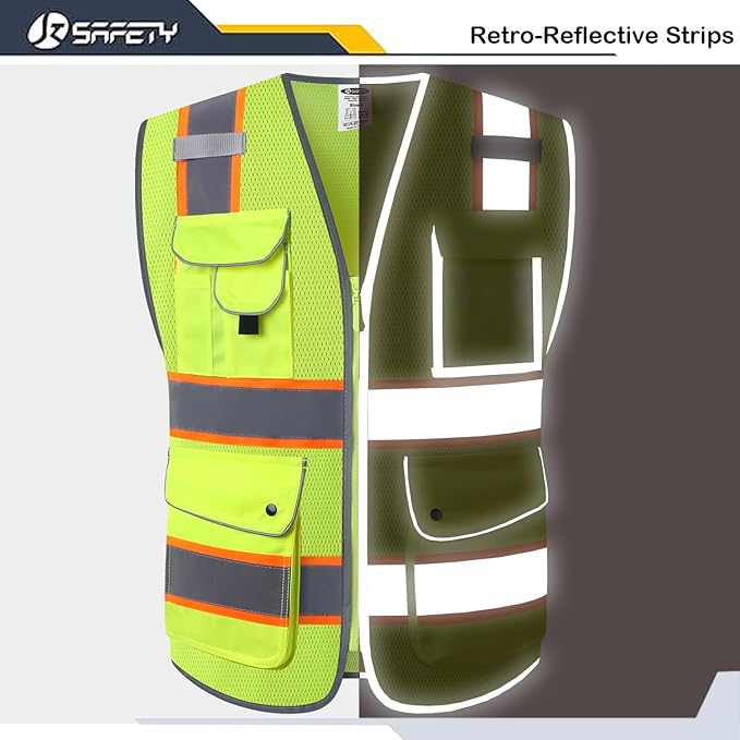 JKSafety 9 Pockets Hi-Vis Neon Yellow Zipper Front MESH Safety Vest with Fluorescent Orange Extend Edge outlining the Reflective Tapes Meet ANSI/ISEA Class 2 Standard (100-Yellow, XL)