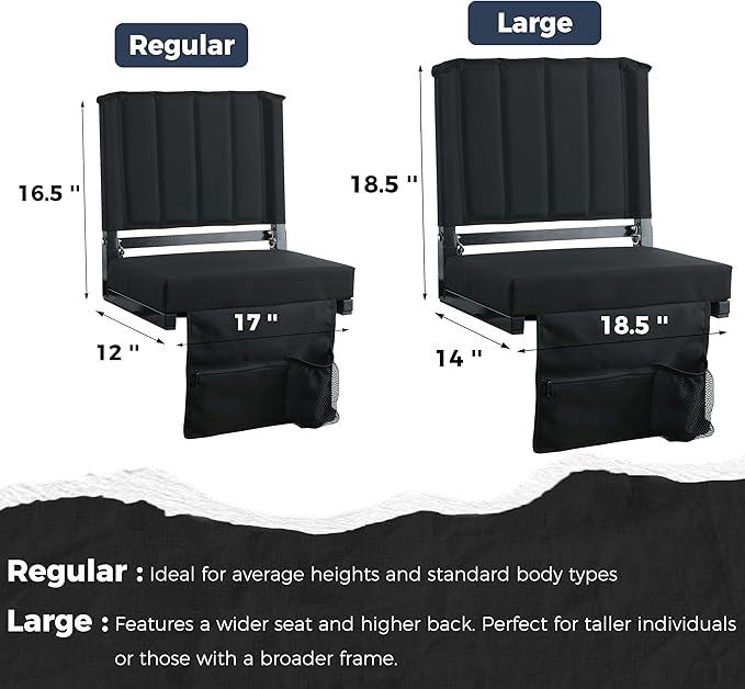 SPORT BEATS Stadium Seats with Back Support Bleacher Chairs with Back and Cushion Thick Padded Bleacher Seats Includes Shoulder Strap Black 1pc Large
