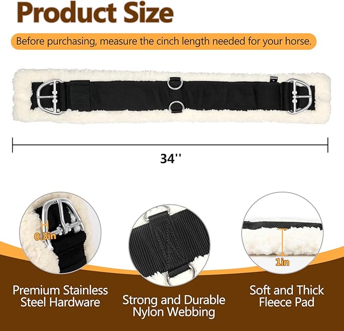 Western Cinch Horse Girth 28" to 34" - Soft 25mm Thick Fleece Padding & Non-Slip Nylon Webbing with Stainless Steel Buckles - Comfortable, Durable, and Easy to Install for Western Saddles