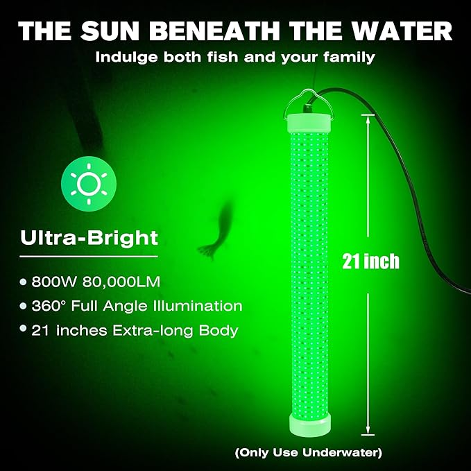 Goldlife Underwater Fishing Light with 100ft Cable, 400W 40000LM GFCI Safety Plug Brightness Green LED Submersible Light Attractants for Docks/Boats/Kayaks, IP69K Rated for Fresh & Salt Water