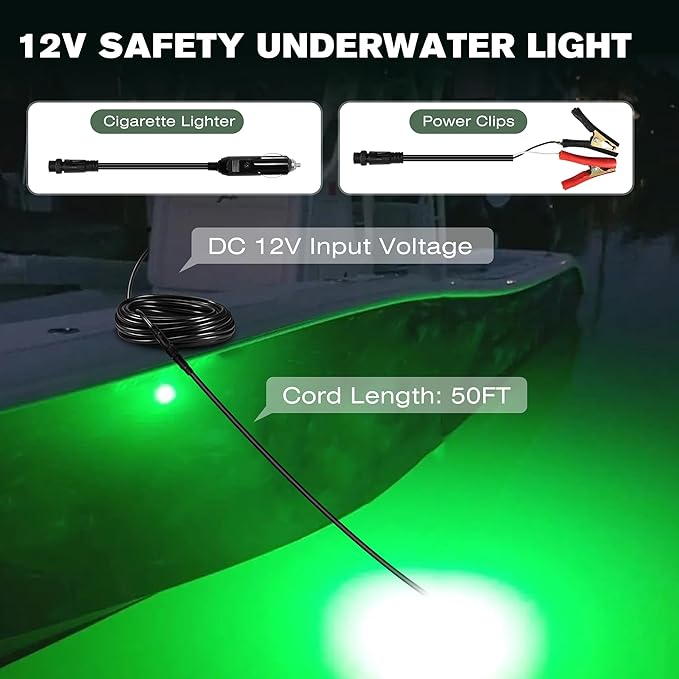 Goldlife 12V Foldable Underwater Fishing Light with 50FT Cable, 400W 40000LM Brightness Green LED Submersible Light Attractants for Docks/Boats/Kayaks, IP69K Rated for Fresh & Salt Water