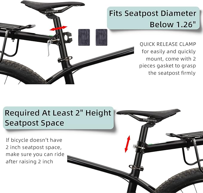 ROCKBROS Rear Bike Rack Bike Cargo Rack Adjustable Bicycle Luggage Carrier Rack Rear Quick Release Mountain Bike Pannier Rack with Elastic Band and Reflector, Most 165 lbs Capacity