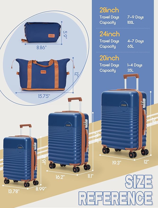5点セットスーツケース 車輪付き、ハードシェル、TSAロック付きABS機内持ち込み可能、旅行用スーツケース