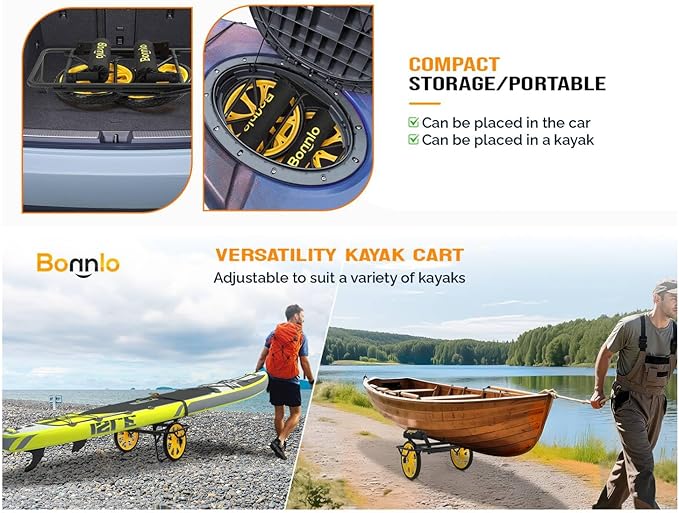 Bonnlo Canoe Kayak Cart, All-Terrain Trolley Carrier with 15" Large Solid Wheels, 330lbs Heavy Duty Transport Kayak Trolley, Adjustable 4 Postions (8.66"-19.69") to Fit Small Boats