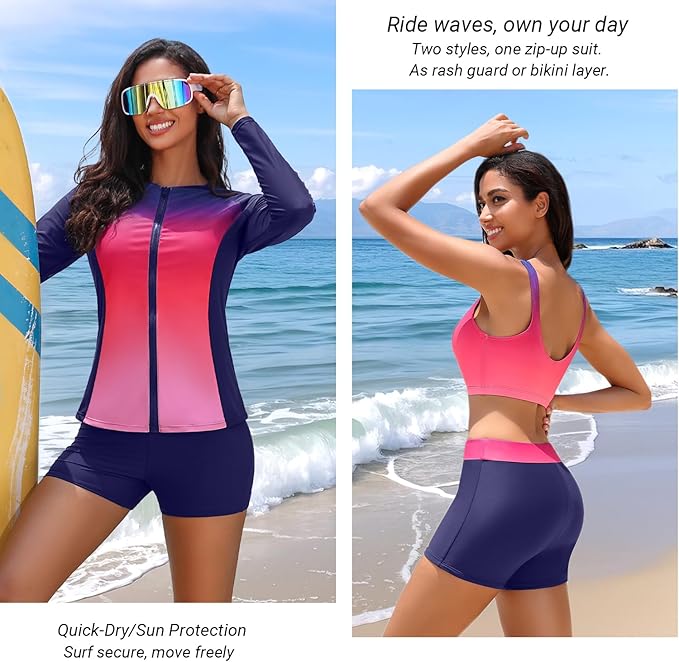 Holipick Long Sleeve Swimsuits for Women - 3 Piece Rash Guard with Shorts Zipper SPF Swim Shirt with Built in Bra