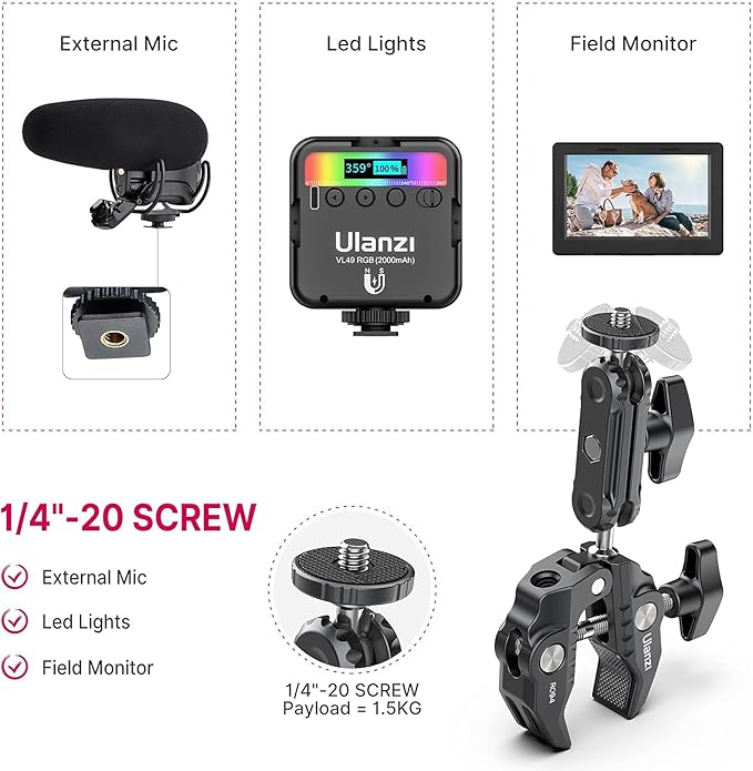 ULANZI Super Clamp Camera Clamp Mount Monitor 360° Ballhead Magic Arm Double Ball Head Adapter with 1/4"-20 & 3/8"-16 Thread for Canon Nikon DSLR Camera/Gopro/LED Lights/Ronin-M/Ronin MX/Freefly MOVI