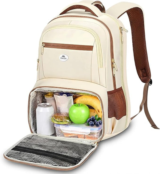 MATEIN Backpack Lunch Bag for Women, Sturdy Teacher Nurse Insulated Cooler Backpack for Work College Commute Travel, Stylish Cute 17 Inch Laptop School Bag with Lunch Compartment, Beige-Brown