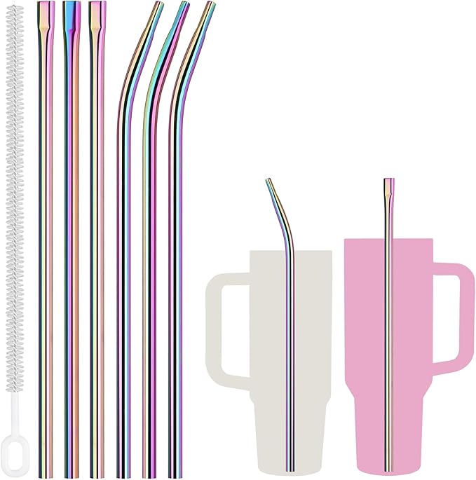 NiHome 6PCS 12" Anti-Wrinkle Flat Tip Reusable Stainless Steel Straws for Stanley 30oz 40oz Tumblers, Wrinkle Free Metal Straws Lip-Friendly for Iced Coffee, Water (Iridescent, 3 Straight + 3 Bent)