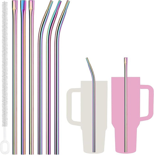 NiHome 6PCS 12" Anti-Wrinkle Flat Tip Reusable Stainless Steel Straws for Stanley 30oz 40oz Tumblers, Wrinkle Free Metal Straws Lip-Friendly for Iced Coffee, Water (Iridescent, 3 Straight + 3 Bent)