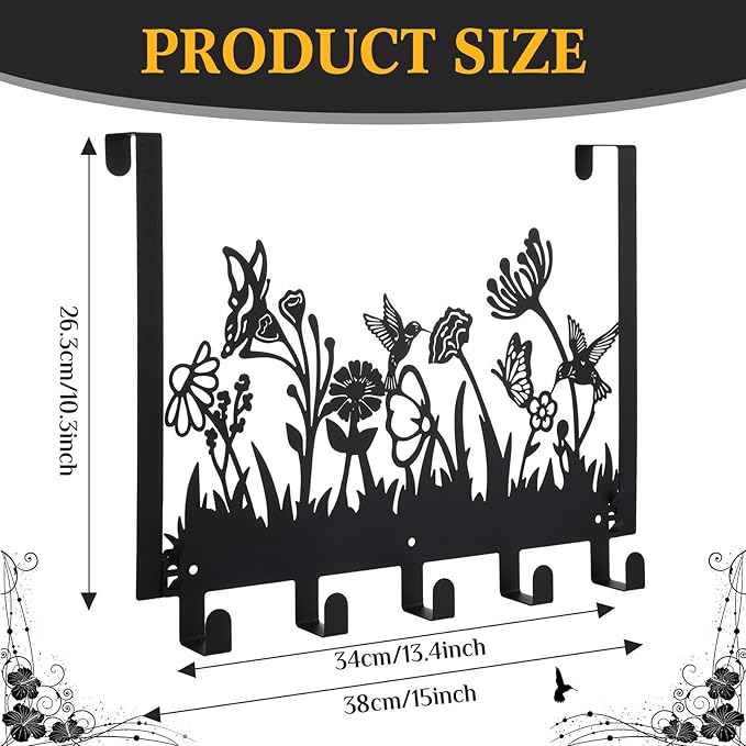 Geelin Metal Hummingbird Flower Over The Door Hooks Wildflowers Over The Door Nature Wall Decor with 5 Hooks Towel Holder for Bathroom Bedroom Kitchen Living Room Home Decor Gift