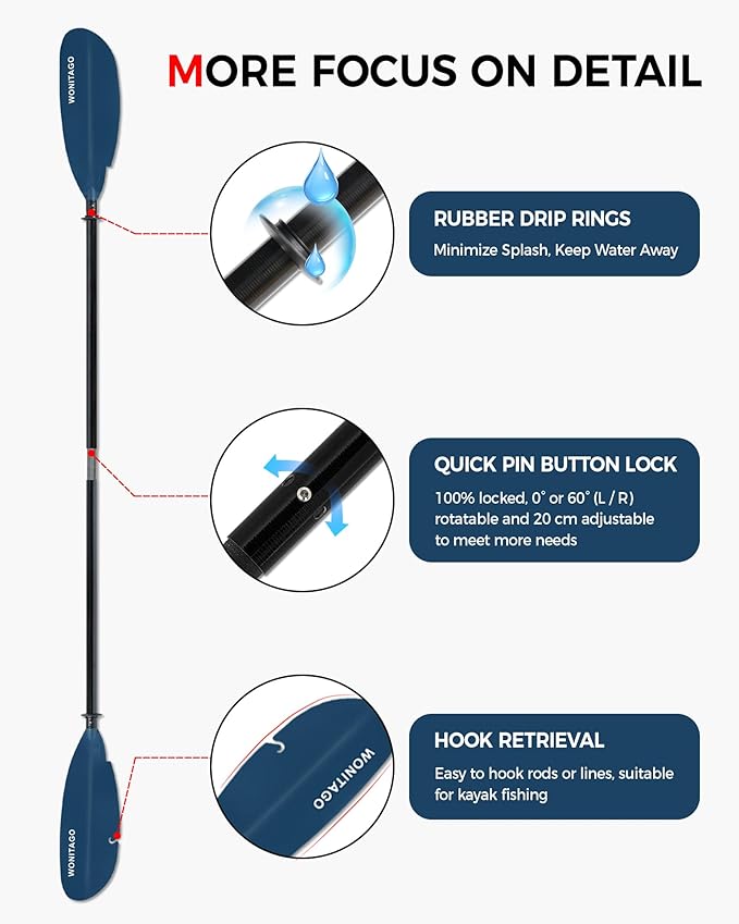 Angler Kayak Paddle with Fiberglass Shaft and Plastic Blade, Adjustable Fihsing Kayak Oar, 86-94" (220-240 cm), 94-102" (240-260 cm), 102-110" (260-280 cm)