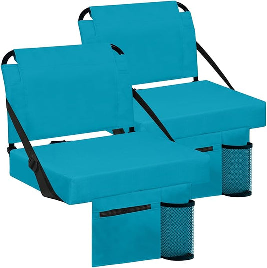 Stadium Seats for Bleachers 2 Pack w/Back Support Bleacher Seat Soft Cushion Light Weight Includes Shoulder Strap & Cup Holder, Front & Back Zipper Pocket, Suitable for Sports Events,Cyan