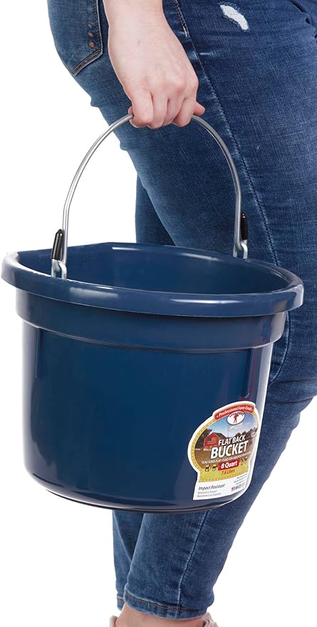 Little Giant® Flat Back Plastic Animal Feed Bucket | Animal Feed Bucket with Metal Handle | Horse Stall Feeding and Watering Supplies (Navy, 8 Quart)