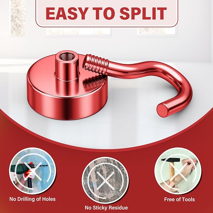 Magnetic Hooks, 30 lbs Magnetic Hooks, Magnet Hook for Cruise Cabins, Magnet Metal Hooks for Refrigerator, Mugs, Classroom, Kitchen, Home (Red, 8 Pack)