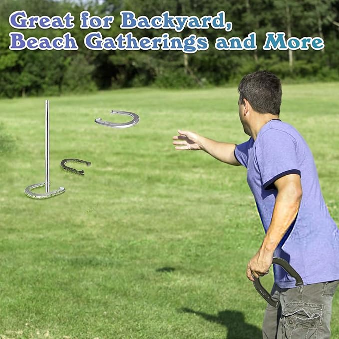 Heavy-Duty Horseshoe Outside Game Set with 4 Forged Steel Horseshoes，2 Steel Stakes and 1 Carrying Bag,Regulation Size Horseshoes Game Set for Outdoor Lawn, Beach, Backyard