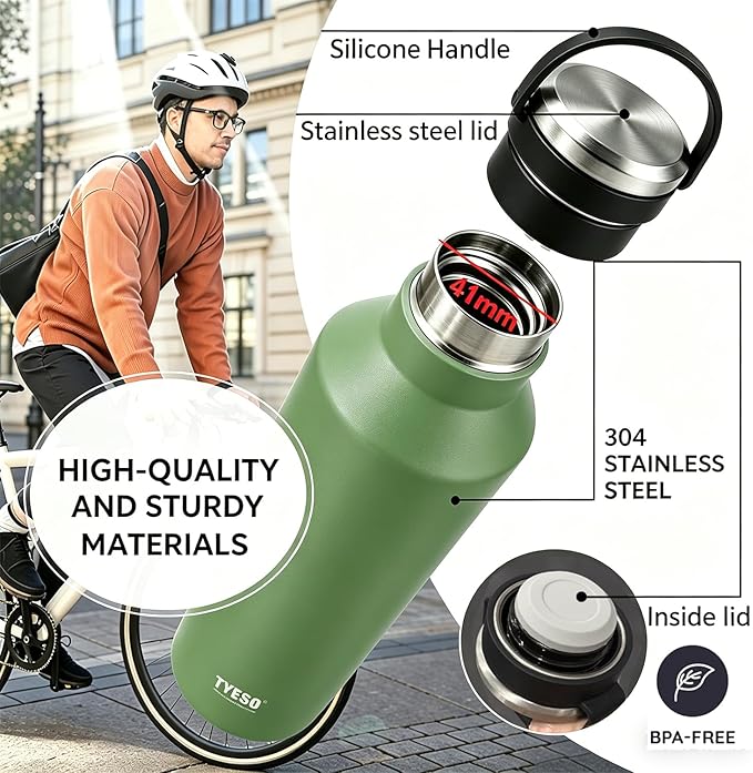TYESO Stainless Steel Vacuum Insulated Water Bottle, Insulated Water Bottle with Soft Silicone Carry Handle (GREEN, 17 OZ)