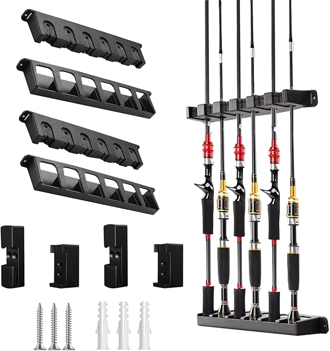Fishing Rod Holder for Garage Fishing Pole Holders Fishing Rod Rack Vertical Wall-Mounted for Garage Stores 6 Rods or Combos Fits Most Rod Diameters (Black 2 pairs With 2 Type reel rack)