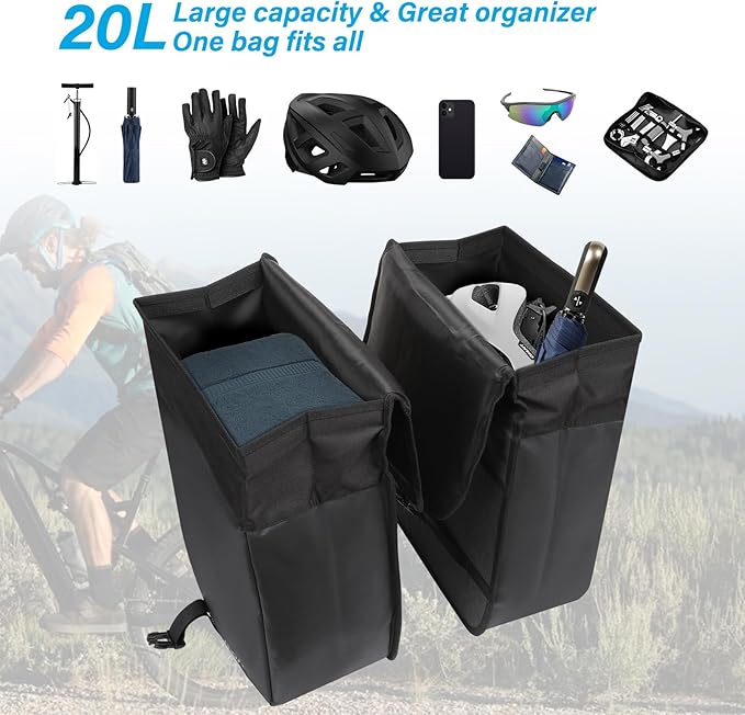 MOSISO 20L Bike Panniers, 2 Pack Waterproof Panniers Bike Bag, Large Capacity Flap Bicycle Rear Rack Seat Luggage Storage Trunk Bag for Road Mountain Cycling Traveling Commuting, Black