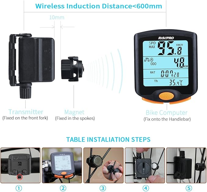 Bike Computer, RISEPRO® Wireless Bicycle Speedometer Bike Odometer Cycling Multi Function Waterproof 4 Line Display with Backlight YT-813
