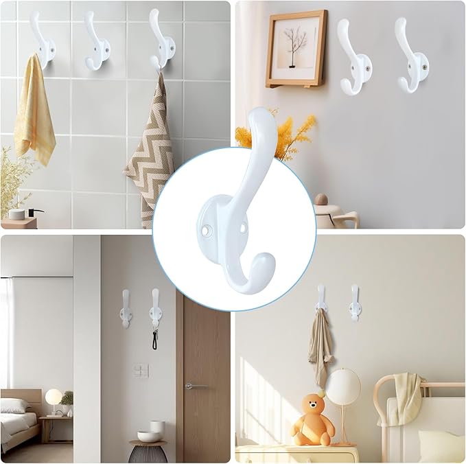 8 Pack Coat Hooks Wall Mount Heavy Duty Utility Retro Double Hooks for Hanging Coats,Hat, Towel, Key, Robe, Scarf, Bag, Cap (White)