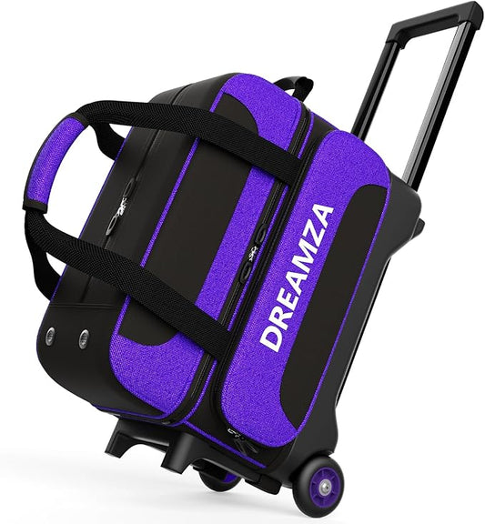 2 Ball Bowling Bag with Wheels, Double Bowling Ball Bag 2 Ball Roller w/Separate Compartment for Shoes Up to US Mens Size 16, w/Retractable Handle Extends to 40" & Accessories Pocket