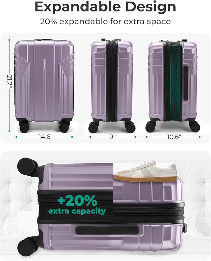 BAGSMART 機内持ち込み手荷物 拡張可能 22x14x9 航空会社承認済み 20インチ 旅行用スーツケース スピナーホイール付き 軽量 ハードシェル スーツケース 機内持ち込み ラベンダーパープル