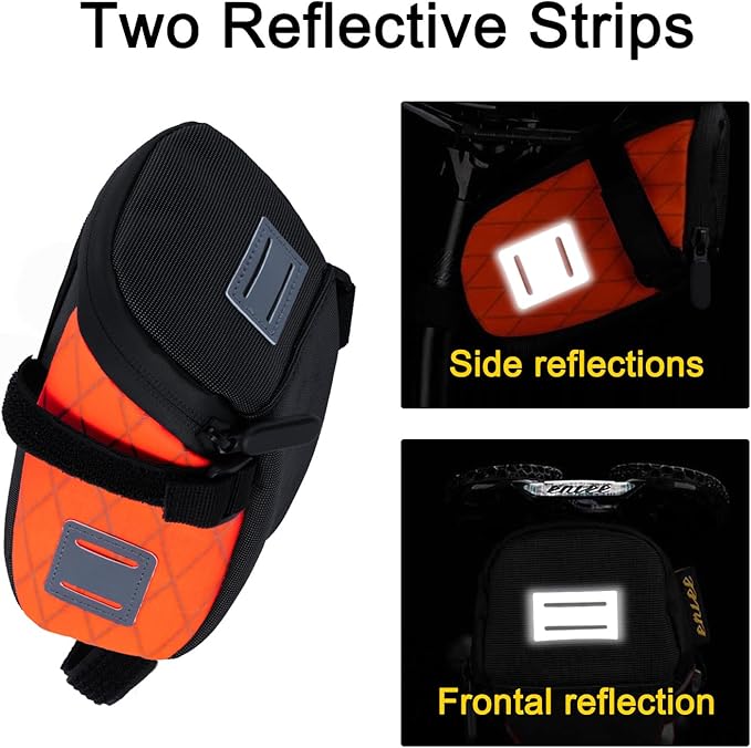 ENLEE Bike Seat Bag, Reflective Bike Saddle Bag with Taillight Hangers, Waterproof Orange Bicycle Bag Under Seat with Independent Item Partitions for Mountain/Road/Gravel Bikes, Small Size