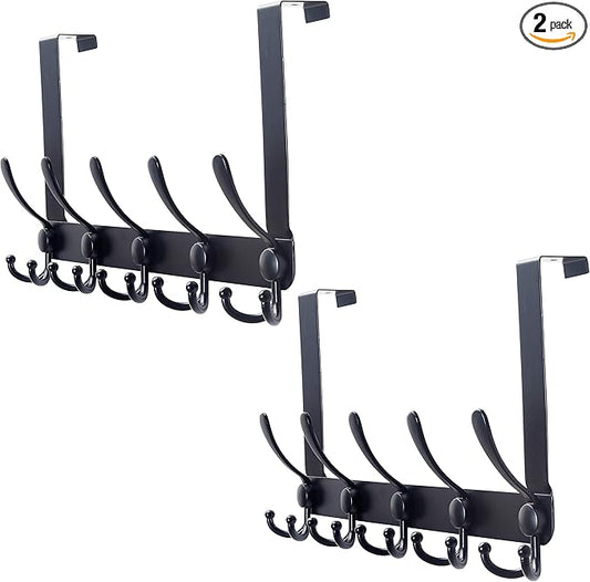 SKOLOO Over The Door Hook - for Doors up to 1-3/4'' Thickness, Pack of 2, Metal Door Hanger with 5 Triple Hooks, Black Over The Door Hanger for Coats, Hats,Towels, Assembly Required