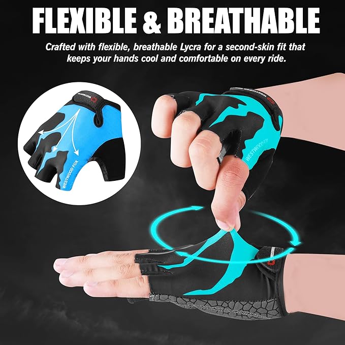 WESTWOOD FOX Cycling Gloves Half Finger Unisex Padded Grips Palm Bicycle Summer MTB Bike Gloves for Men Women Non-Slip Fingerless Short Mountain Bike Sports Hiking Climbing Gym