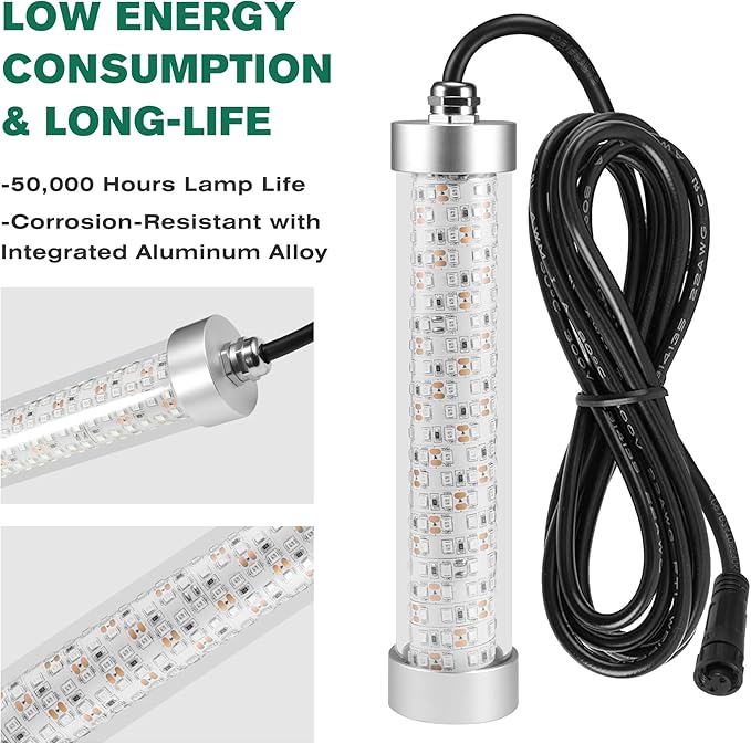 Underwater Fishing Light 12V / 110V Fish Attracting Light for Boat Docks Kayaks at Night, Submersible Green Light for Crappie Snook Squid Bait Catfish (16.4ft / 33ft Cable)